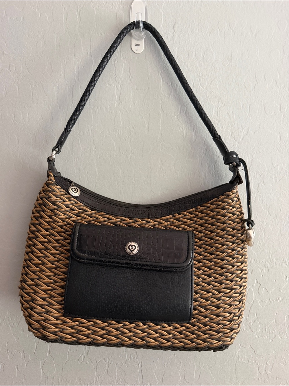 Brighton Edna Woven Straw and Black Leather Shoulder Bag
